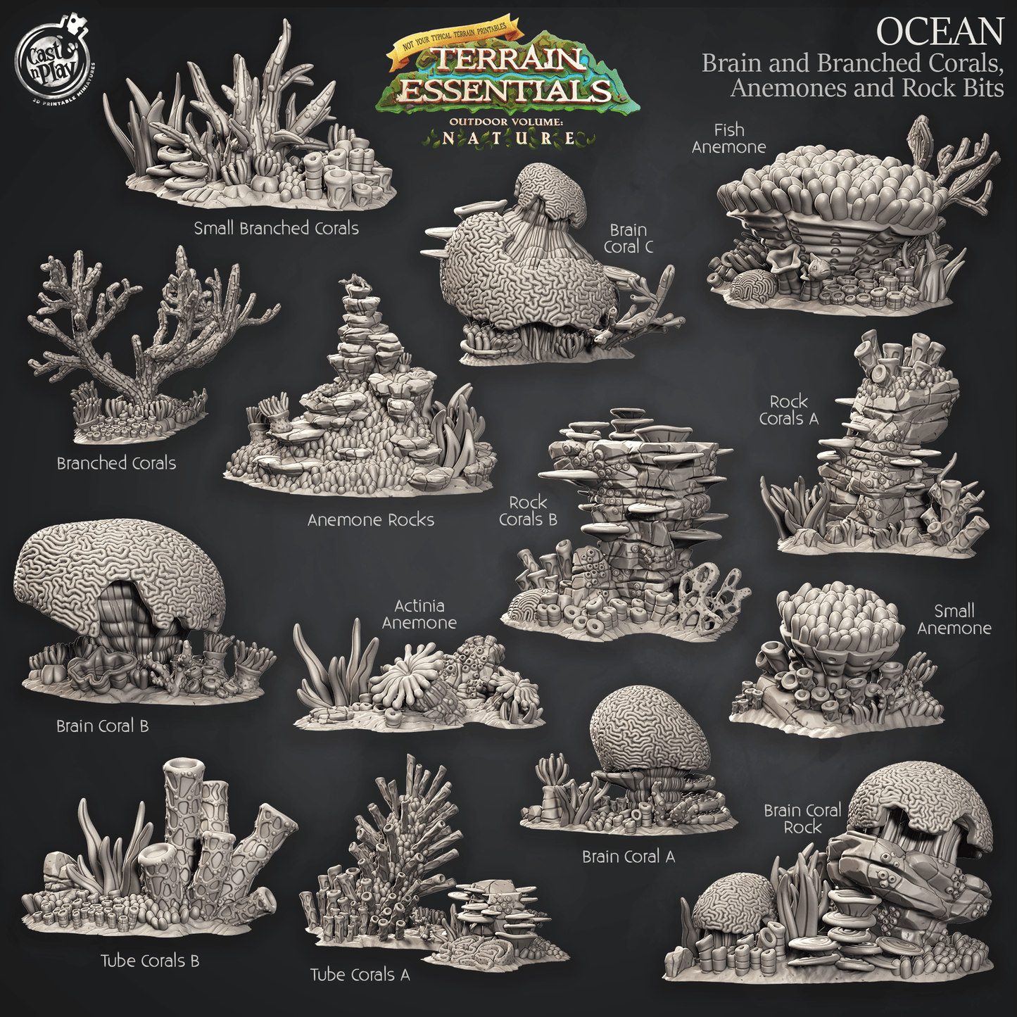 Cast n Play Ocean Terrain — Brain & Branched Corals, Anemones – 3D Printed 28mm 32mm D&D