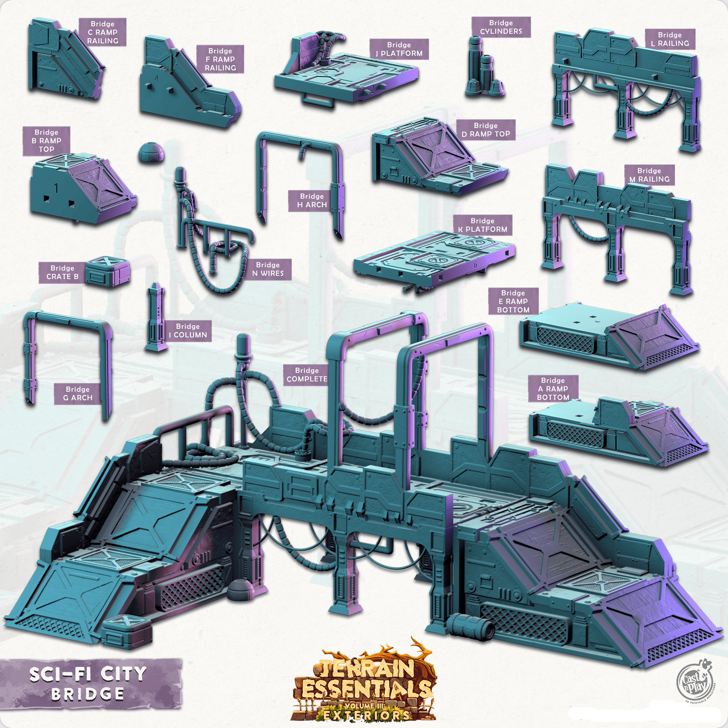 Cast n Play Bridge — Sci-Fi City Set Terrain Essentials Vol III – 3D Printed 28mm 32mm D&D