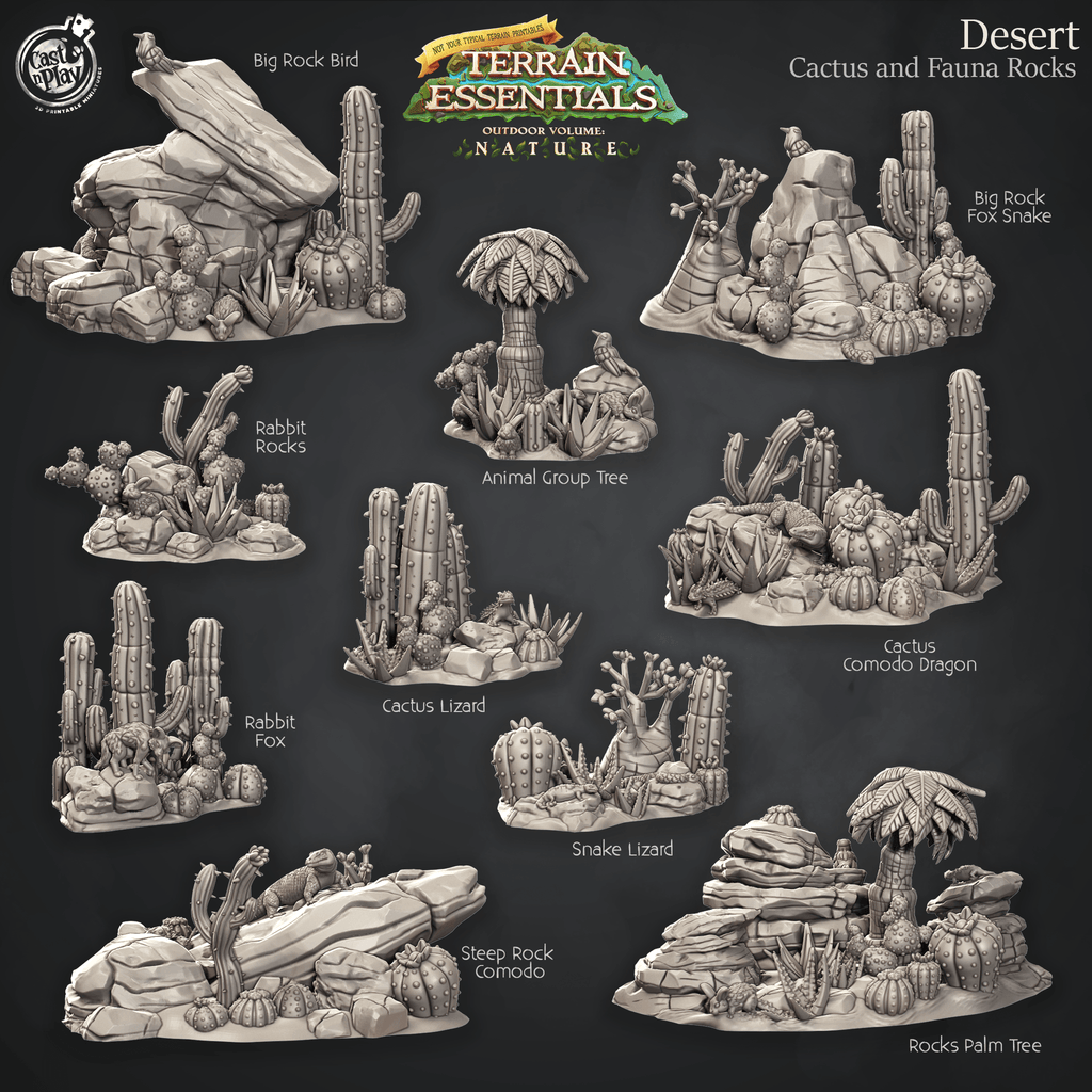 3D Printed Cast n Play Cactus, Fauna and Rocks Desert Terrain Set Terrain Essentials Nature 28mm 32mm D&D