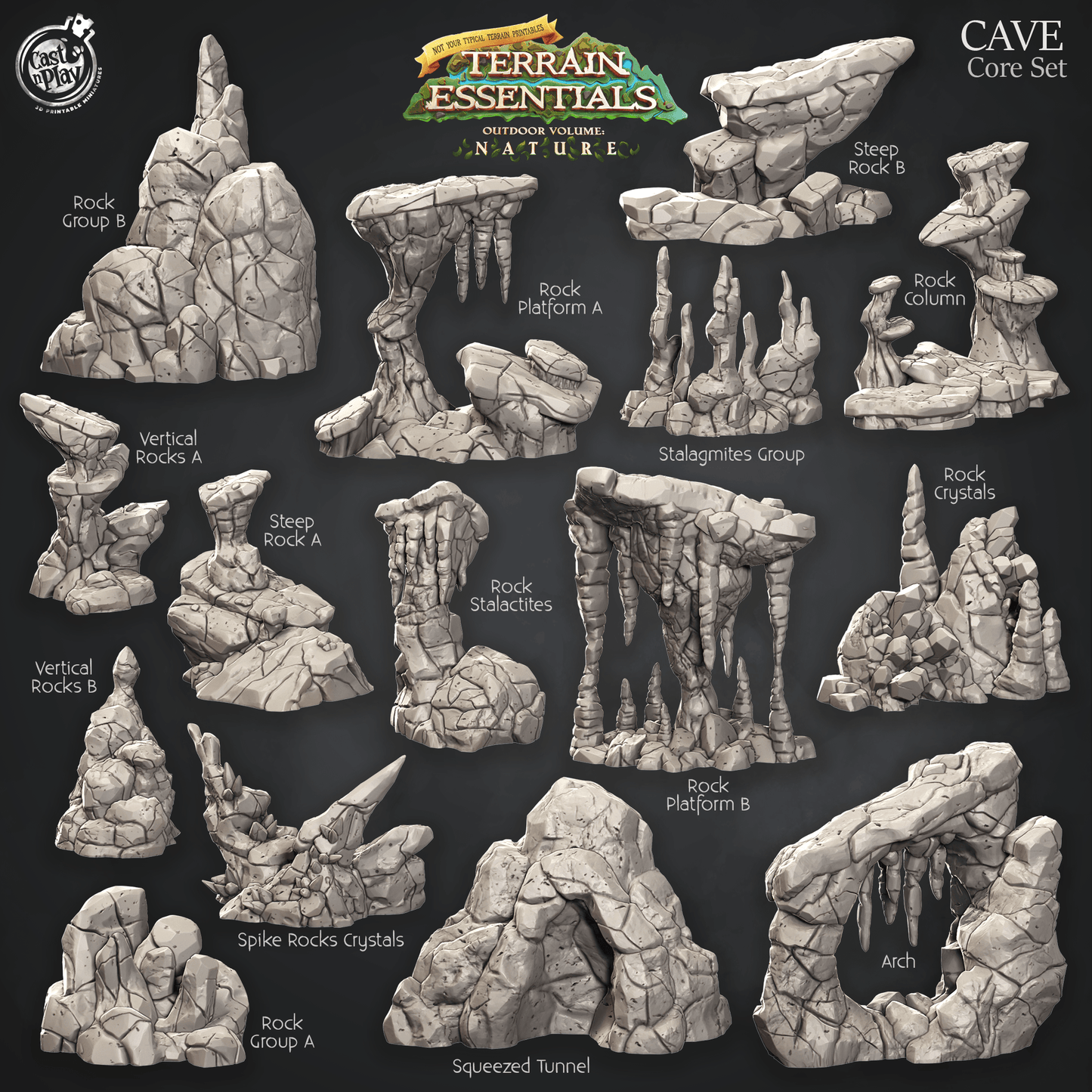 Cast n Play Cave Core Terrain Set — Terrain Essentials Nature – 3D Printed 28mm 32mm D&D