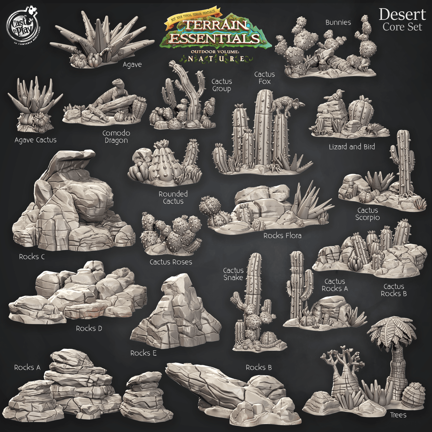 Cast n Play Desert Core Set — Terrain Essentials Nature – 3D Printed 28mm 32mm D&D