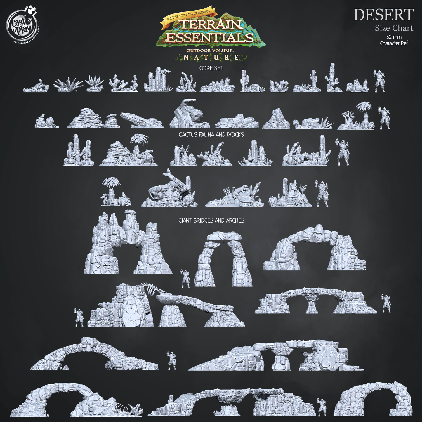 Cast n Play Desert Core Set — Terrain Essentials Nature – 3D Printed 28mm 32mm D&D