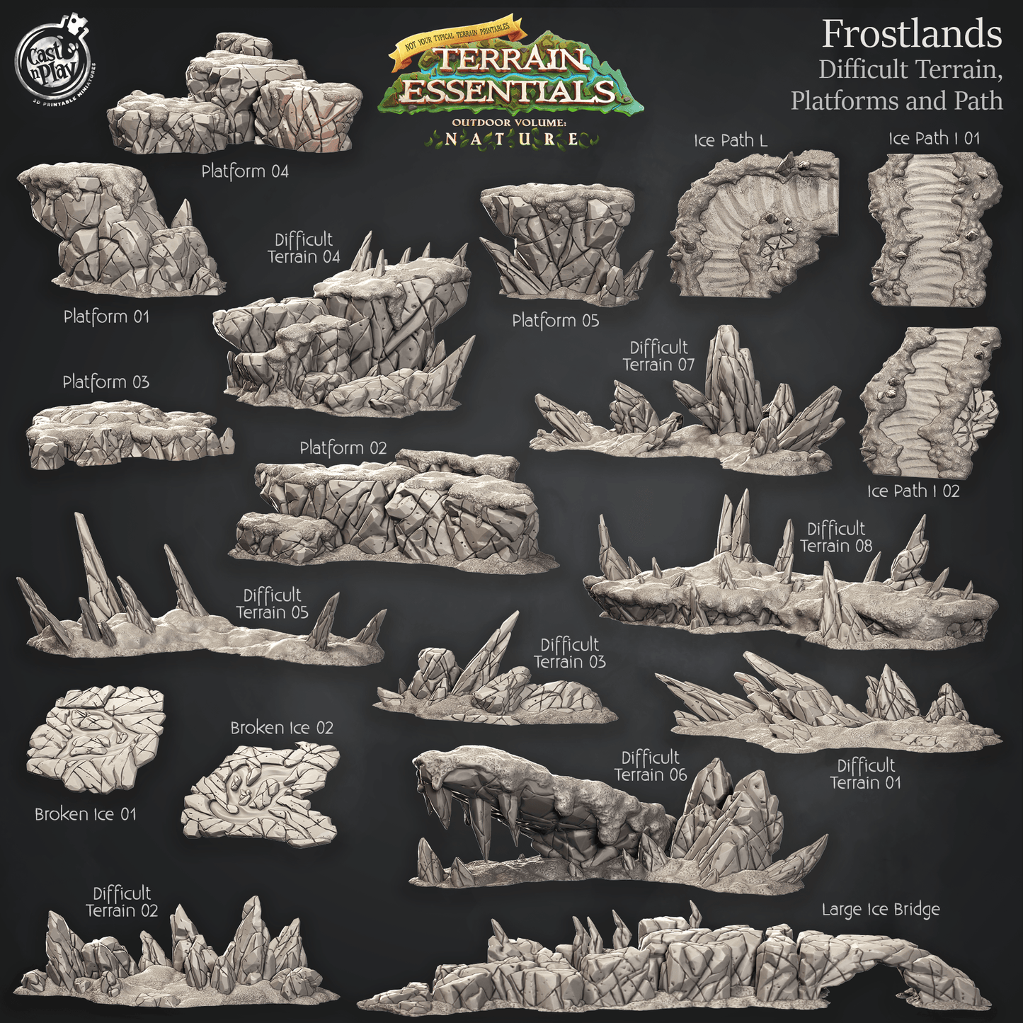 Cast n Play Frostlands Terrain — Difficult Terrain, Platforms & Path – 3D Printed 28mm 32mm D&D