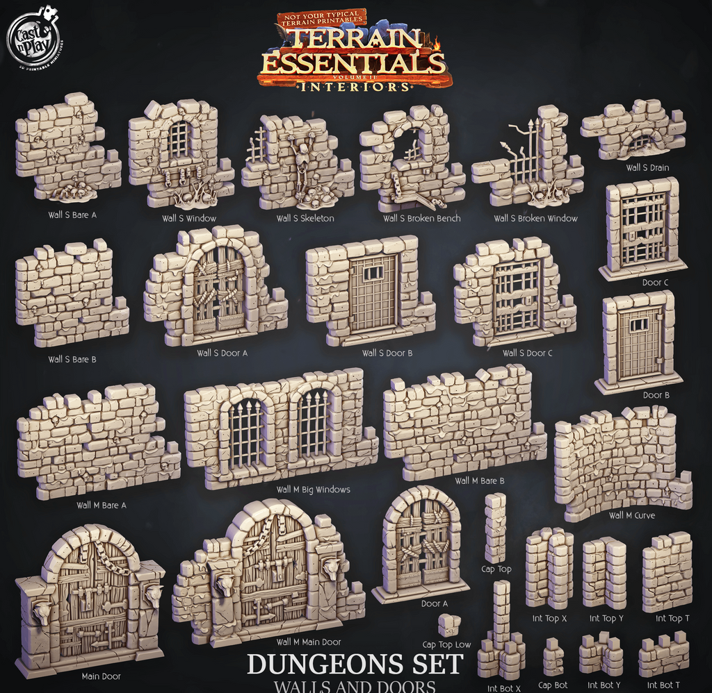3D Printed Cast n Play Dungeons Walls and Doors Terrain Essentials 28mm 32mm D&D
