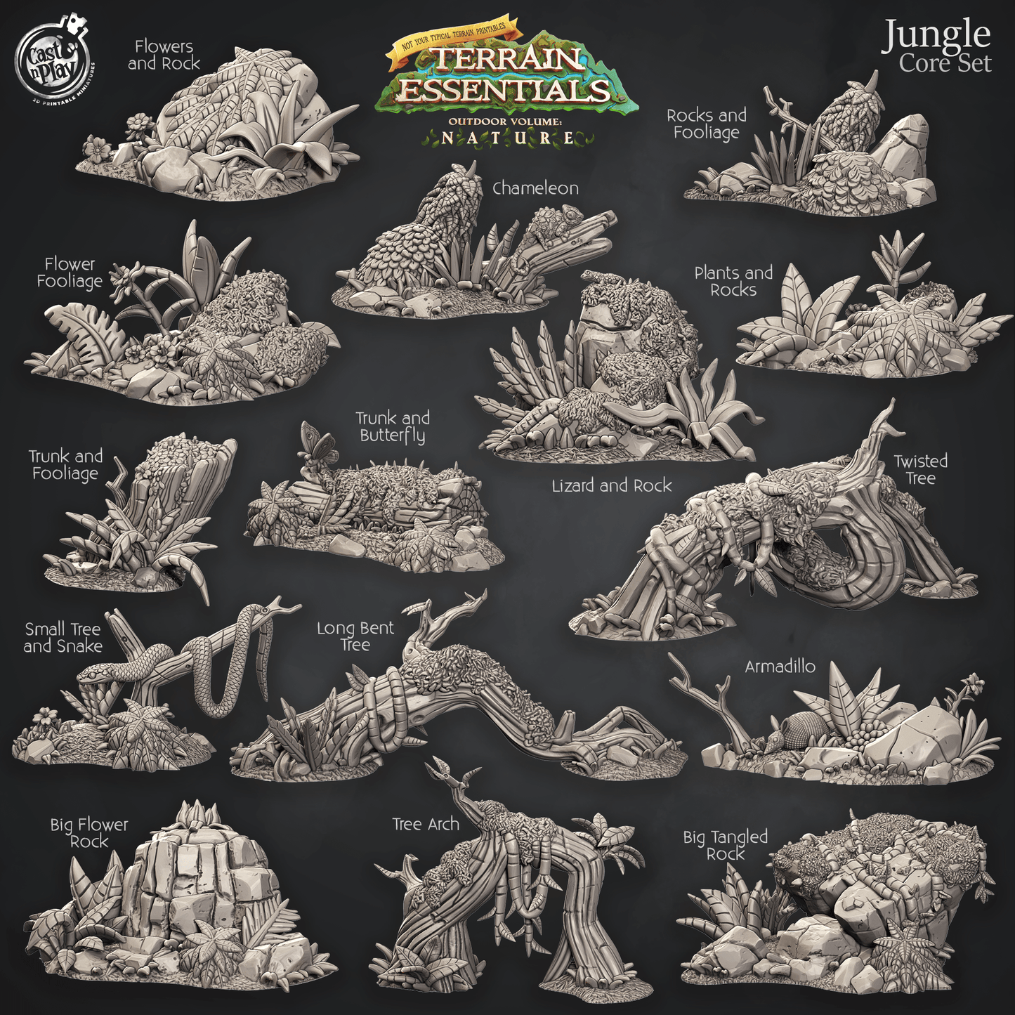 3D Printed Cast n Play Jungle Core Set Jungle Terrain Set Terrain Essentials Nature 28mm 32mm D&D
