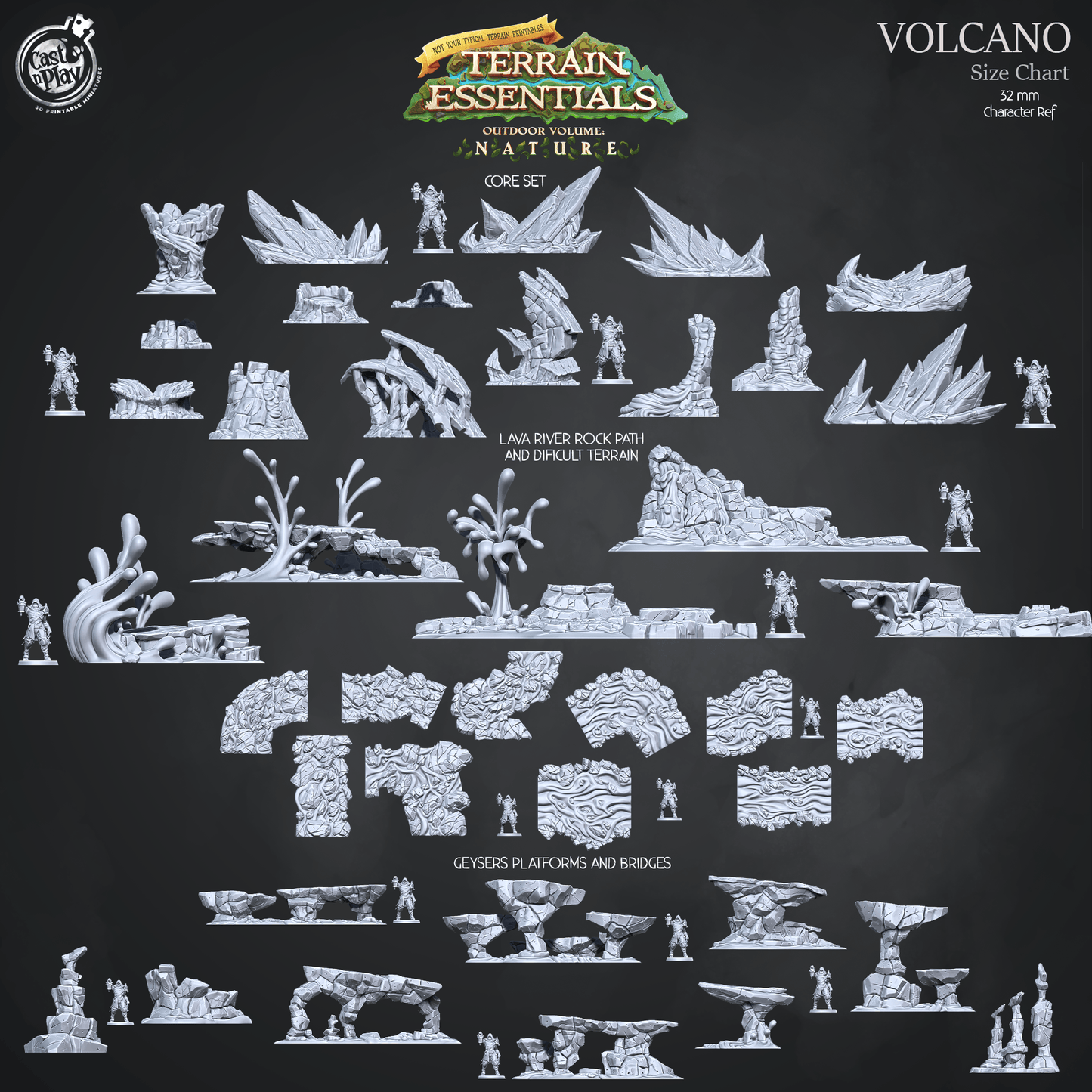 3D Printed Cast n Play Lava River, Rock Path and Difficult Terrain Volcano Terrain Set Terrain Essentials Nature 28mm 32mm D&D