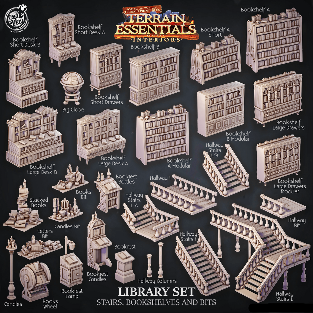 3D Printed Cast n Play Library Stairs, Bookshelves and Bits Terrain Essentials 28mm 32mm D&D