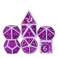 White with Purple rregular Pattern Fill: 7-Piece Acrylic Dice Set