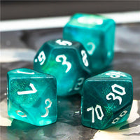 Blue-Green Glitter Party Dice (White font) 7-Dice Set RPG DND