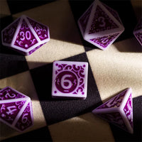 White with Purple rregular Pattern Fill: 7-Piece Acrylic Dice Set