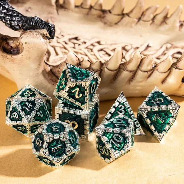 Silver Green Dragon Metal Dice Set | Premium D&D Metal Dice by Revenant Foundry