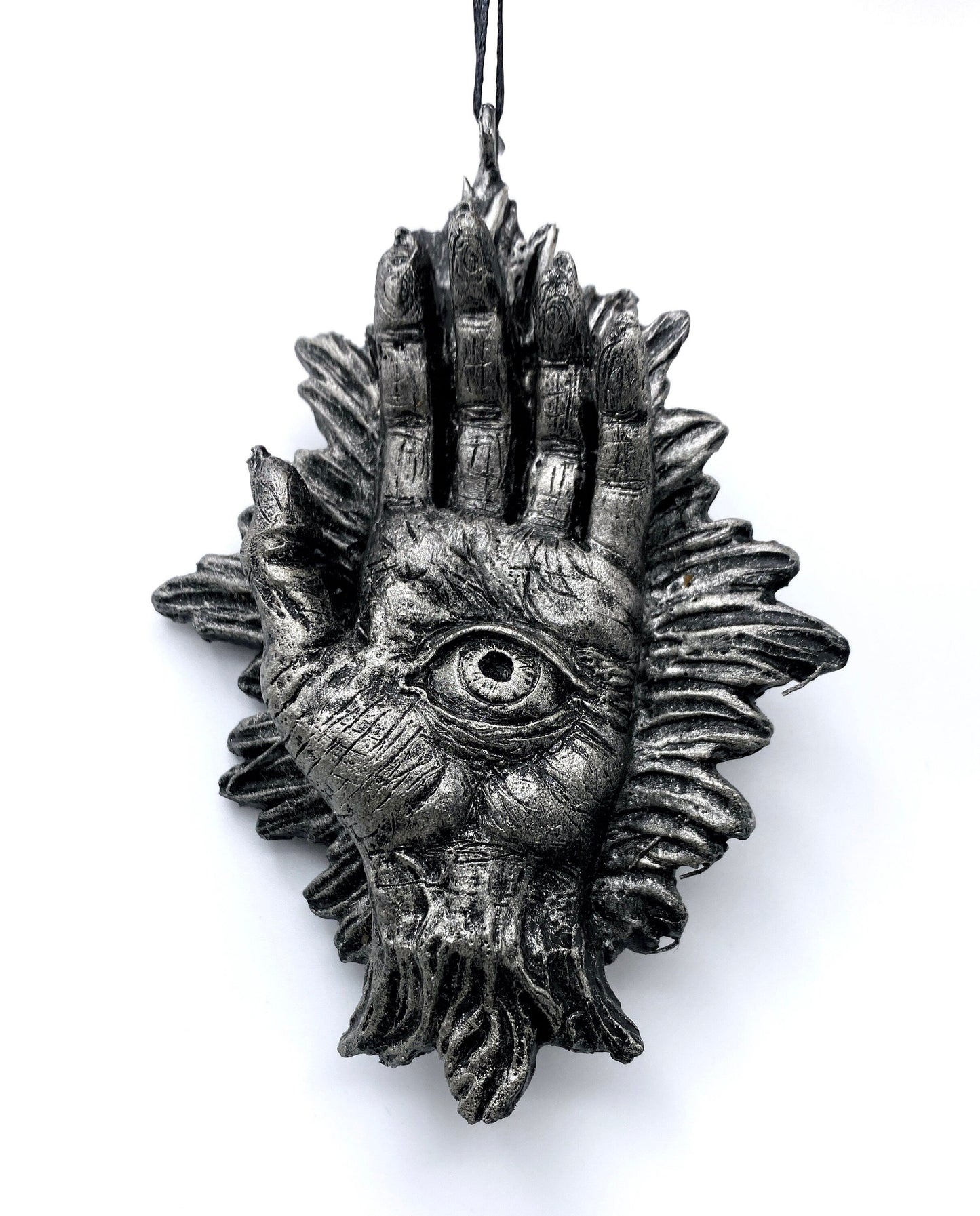 Hand of Protection Relic, Hamsa Ornament, Hand Painted Resin Sculpture |Occult Folklore Figurine | Evil Eye Pagan Ornament for Holiday Decor