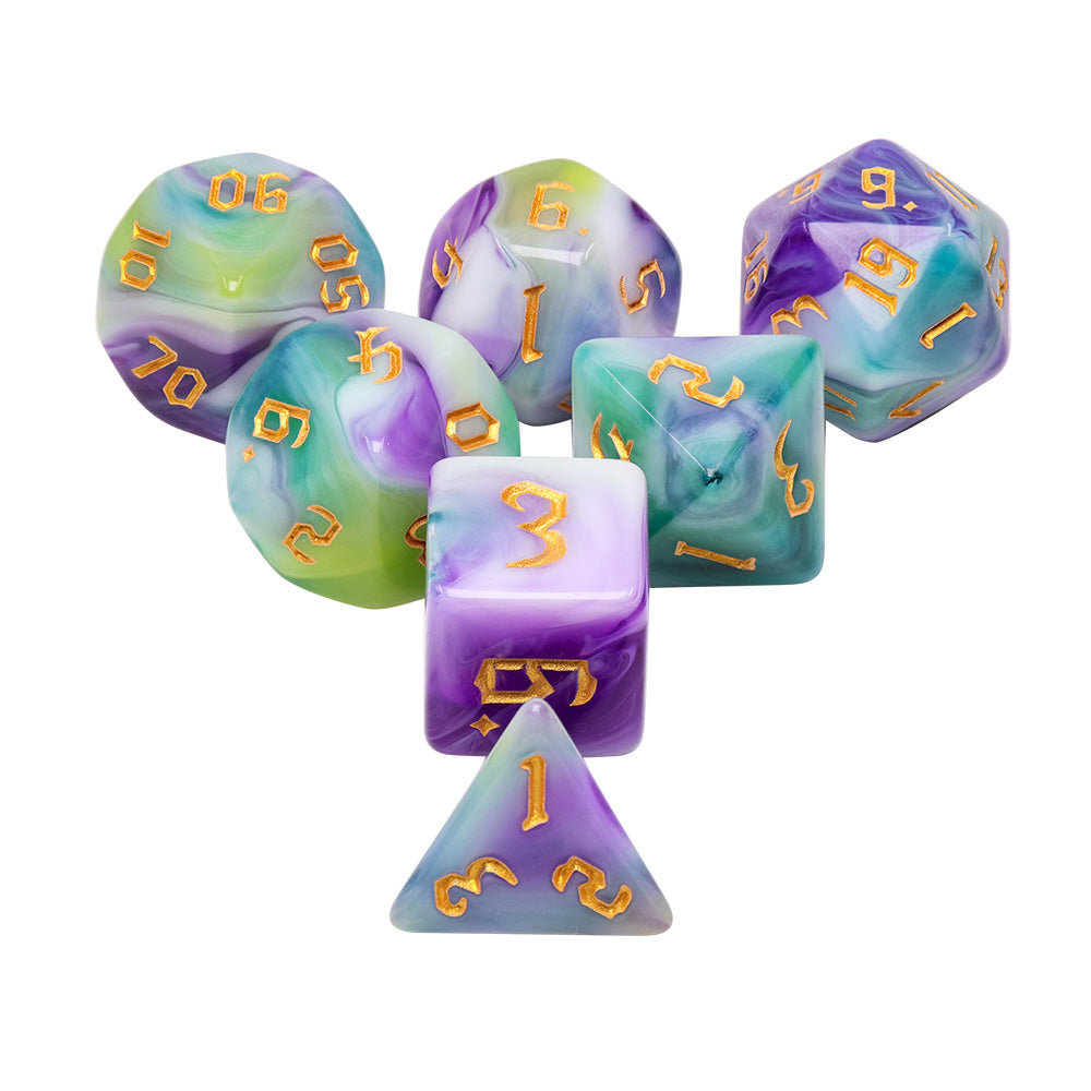Siberian Iris 7-Dice Set Purple/White/Green w/Gold Numbers Dnd Dice Set