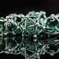 Draco Immortui Hollow Metal Dice Set - Green and Silver
