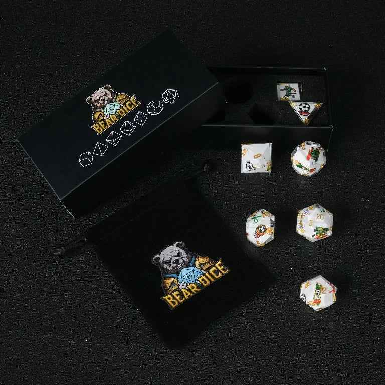 DND World Cup Resin Dice Set with National Flags and Soccer Balls + Gold Lettering