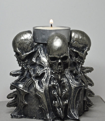 Requiem Gothic Tea Light Holder, Hand Sculpted Resin | Spooky Gothic Skull and Bones Candle Holder for Halloween Gift and Gothic Decor