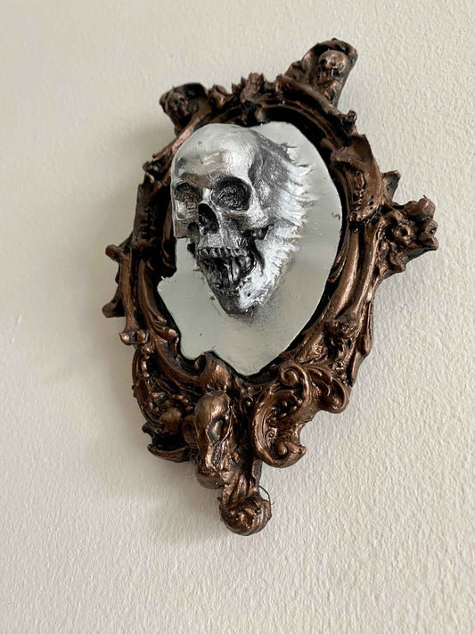 Spectral Skull Wall Plaque, Resin Sculpture | Victorian Gothic Haunted Wall Art | Ghost Skull in Mirror for Halloween, Spooky Home Decor