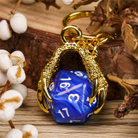 Claw Blue D20 Keychain Featuring Gold Metal Dragon Claw + d20