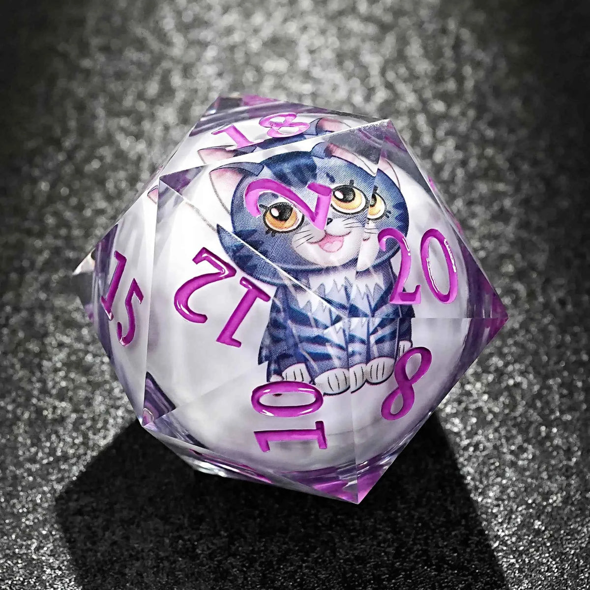 50mm Resin Luminous Cartoon Blue Cat Liquid Core DND D20 Dice + Purple Numbers