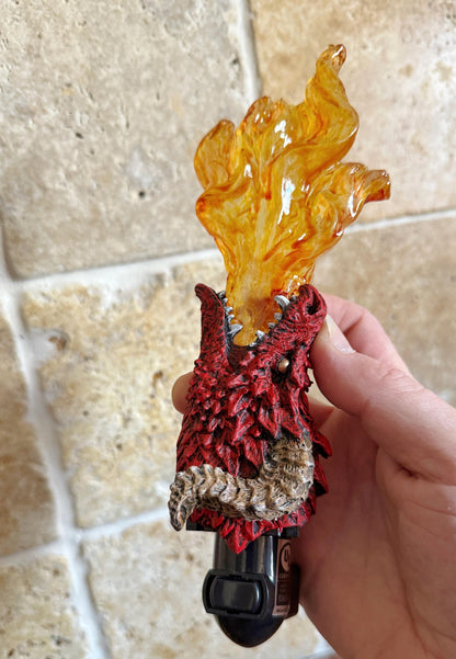 Fire Breathing Dragon Nightlight, Hand Painted Resin Sculpture | Fantasy Dragon Night Light | Mythic Legends Lighting for Fantasy Home Decor