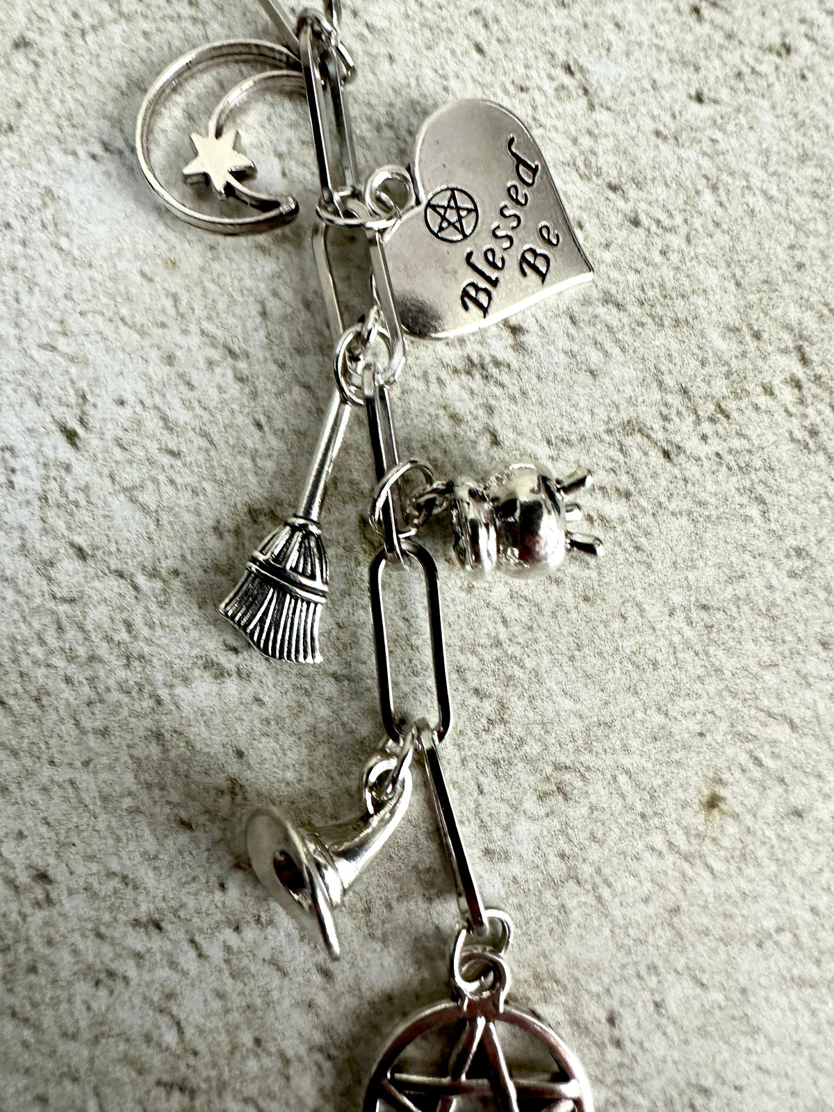 Witchy Bag Charm Keychain – Silver Pentacle, Moon, Witch Hat & Star Charms
