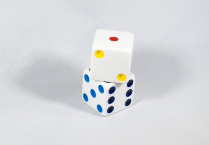Jumbo 25mm White Dice Pair – Giant RPG D6 with Rainbow Pips by Koplow
