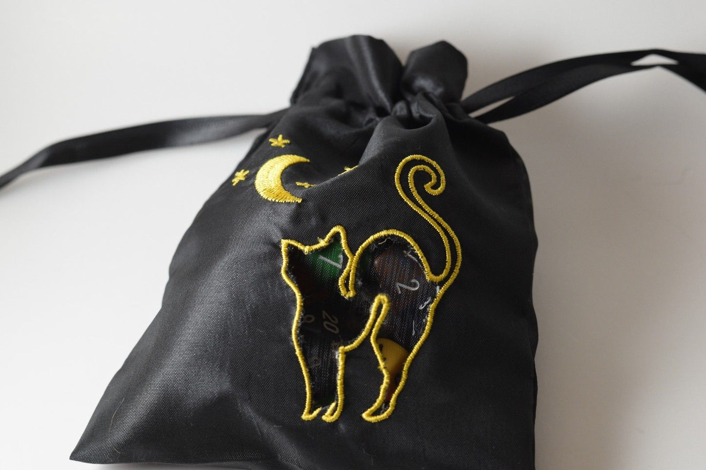 Black Cat Gift Bag Large Game Dice Bag White Counter Pouch Taffeta Scary Night