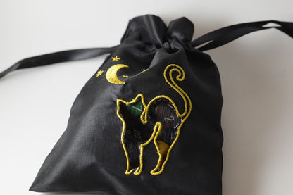 Black Cat Gift Bag Large Game Dice Bag White Counter Pouch Taffeta Scary Night