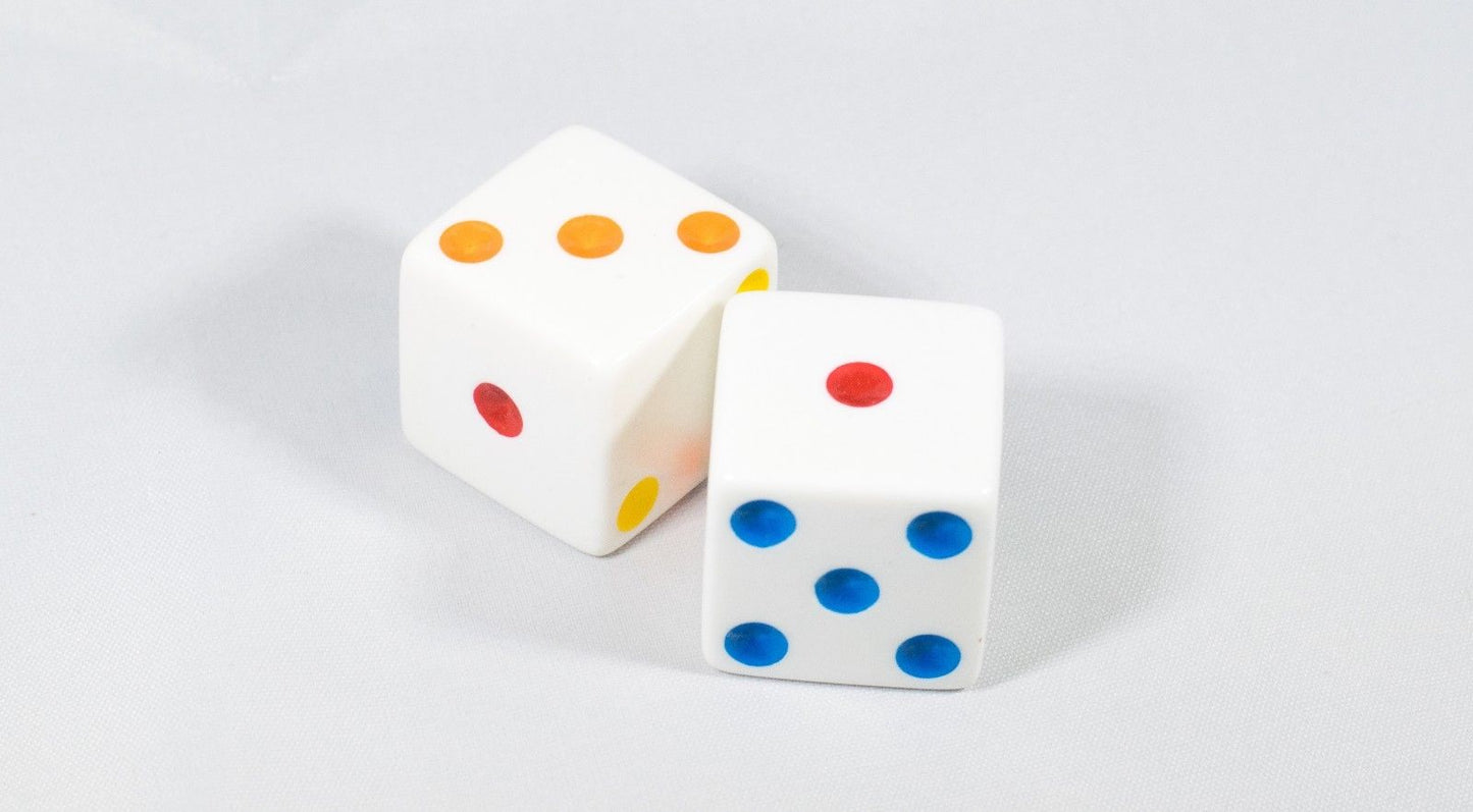Jumbo 25mm White Dice Pair – Giant RPG D6 with Rainbow Pips by Koplow