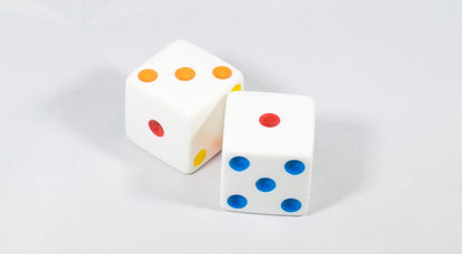 Jumbo 25mm White Dice Pair – Giant RPG D6 with Rainbow Pips by Koplow