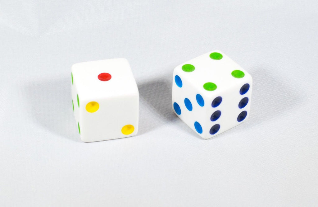 NEW 2 Jumbo 25mm 1 inch White Dice Pair RPG D6 Koplow Large Huge Rainbow Pips