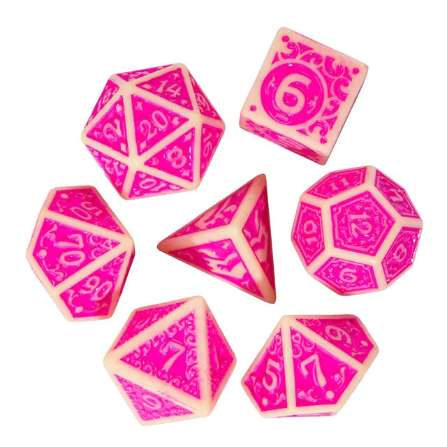 Off-White with Pink Irregular Pattern Fill: 7-Piece Acrylic Dice Set