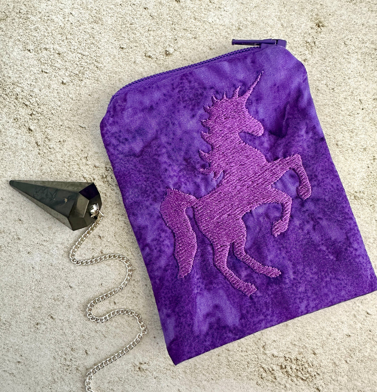 Purple Unicorn Mojo Bag – Embroidered Batik Pouch for Crystals & Coins