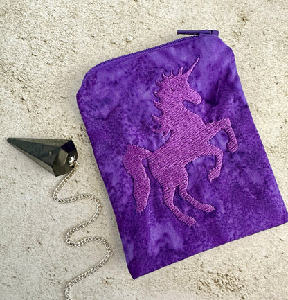 Purple Unicorn Mojo Bag – Embroidered Batik Pouch for Crystals & Coins