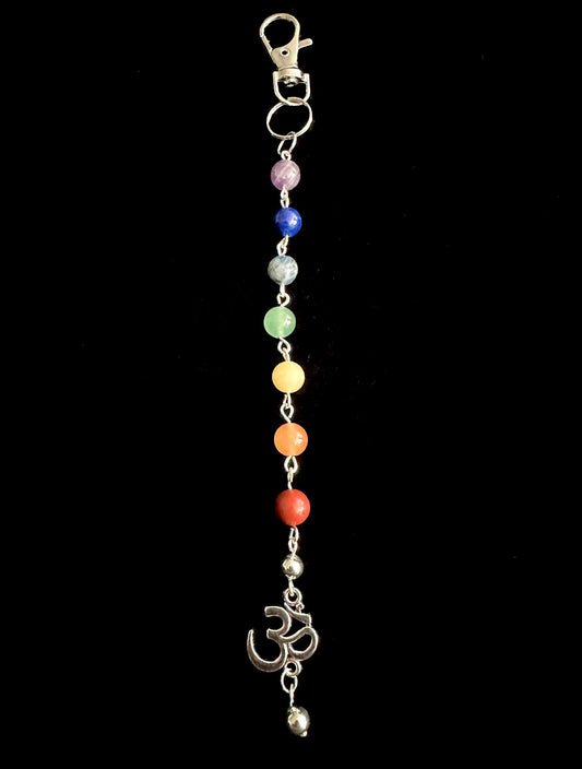 7 Chakra Crystal Gemstone Bag Charm Keychain with Silver Om