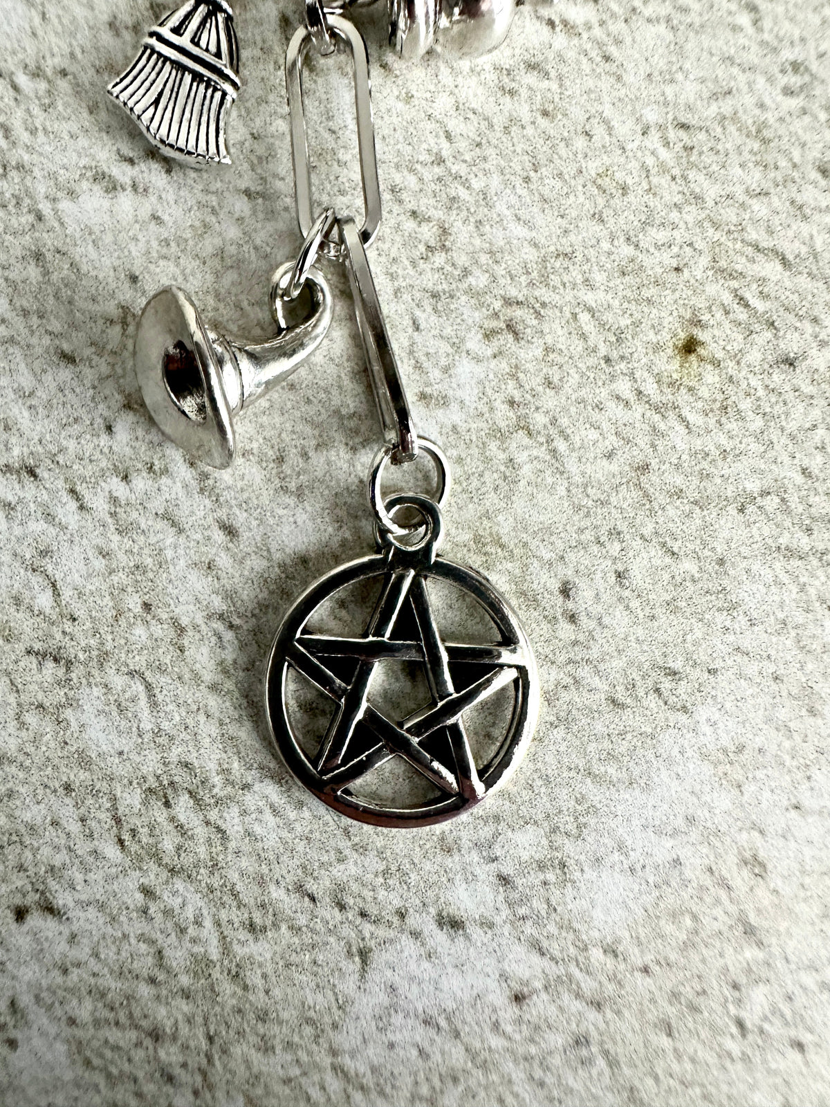 Witchy Bag Charm Keychain – Silver Pentacle, Moon, Witch Hat & Star Charms