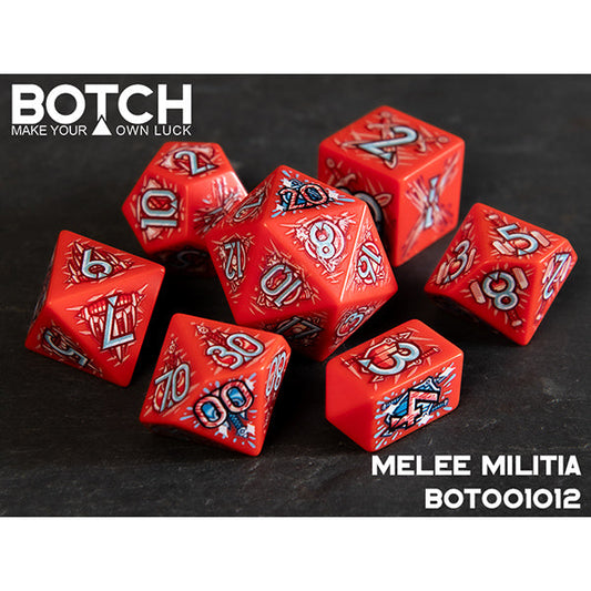 Melee Militia – Botch Dice Set with Melee Weapon Artwork for RPG Adventures