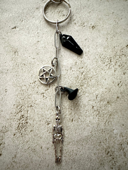 Spooky Horror Bag Charm Keychain – Silver & Black Coffin, Pentacle, Witch Hat & Skeleton