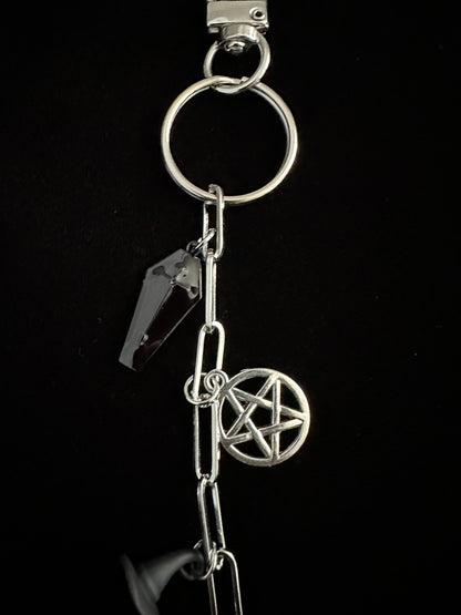 Spooky Horror Bag Charm Keychain – Silver & Black Coffin, Pentacle, Witch Hat & Skeleton