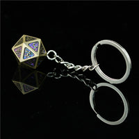 Metal D20 w/ Purple Glitter Keychain Analogue Font d20