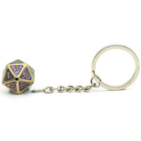 Metal D20 w/ Purple Glitter Keychain Analogue Font d20