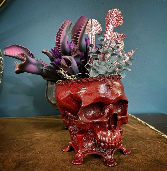 Human Skull Planter Blood Red Finish, Hand Painted Resin Sculpture | Unique Gothic Home Decor | Spooky Art Gift and Gothic Home Decor
