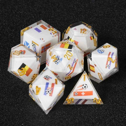DND World Cup Resin Dice Set with National Flags and Soccer Balls + Gold Lettering