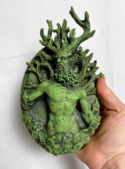 Green Man / Cernunnos Wall Plaque – Hand Painted Resin Relief Sculpture