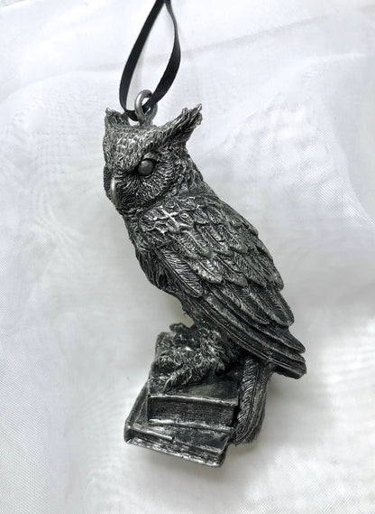 Horned Owl: Witch’s Familiar Ornament, Hand Painted Resin Sculpture | Pagan Folklore Owl Figurine | Witchy Ornament for Gothic Holiday Decor