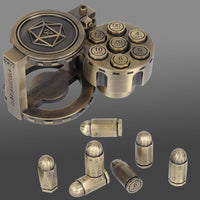 Metal Bullet Dice Set of 7 with Spinning Revolver Cylinder Container