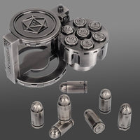 Metal Bullet Dice Set of 7 with Spinning Revolver Cylinder Container
