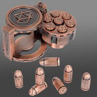 Metal Bullet Dice Set of 7 with Spinning Revolver Cylinder Container