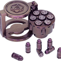 Metal Bullet Dice Set of 7 with Spinning Revolver Cylinder Container