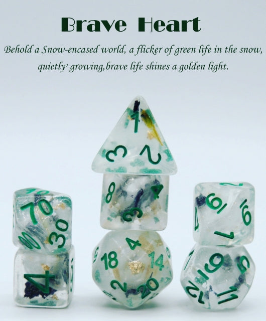 Brave Heart Dice Clear Dice w/ Flowers Foil  Green 7-Dice Set Rpg